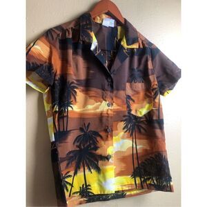 Kole Kole Hawaiian Short Sleeve Shirt, Sunset Palm Trees Boat, Size M